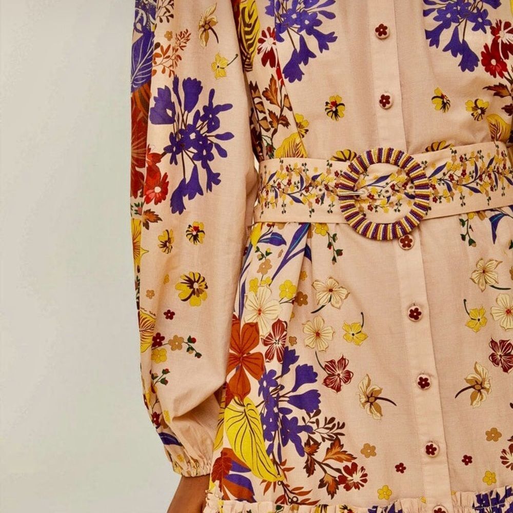 NEW FARM Rio Beauty Bouquet Pink Puff Sleeve Mini Dress Floral Button Size L - Picture 4 of 16